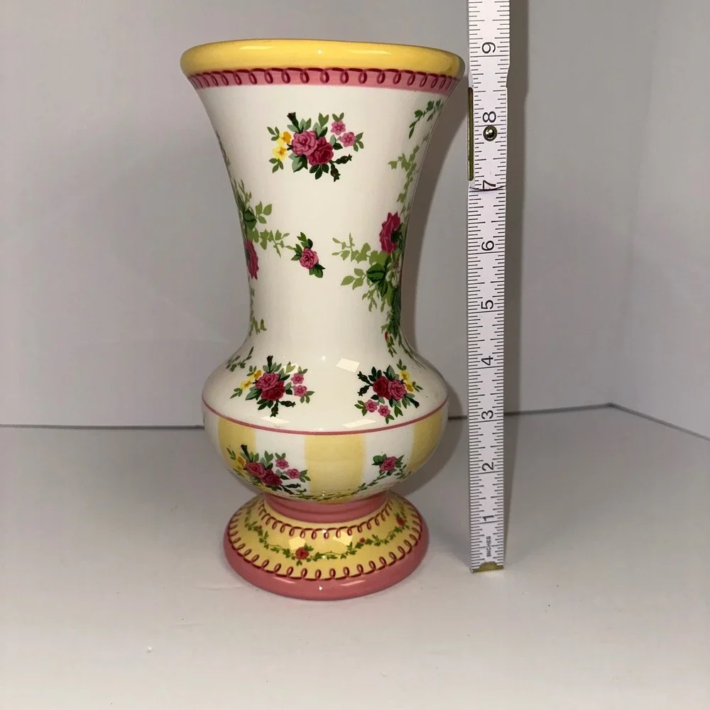 Laura Ashley‎ Floral Ceramic Vase Yellow Pink Roses Pedestal Decorative Accent
